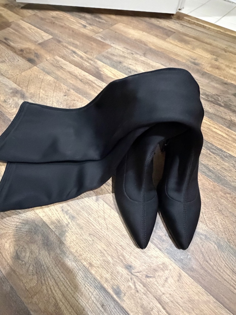 Aldo Black Over-the-Knee Stretch Sock Boots with Gloss Block Heel - Picture 2 of 5